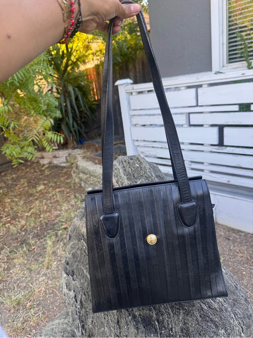 Vintage Classic Black Leather Tote Bag with Gold Accent